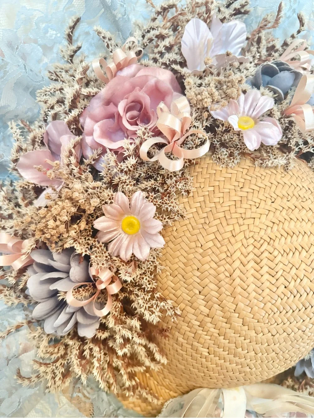 Vintage Cottagecore Handmade Straw Bonnet Wall Hanging Decor